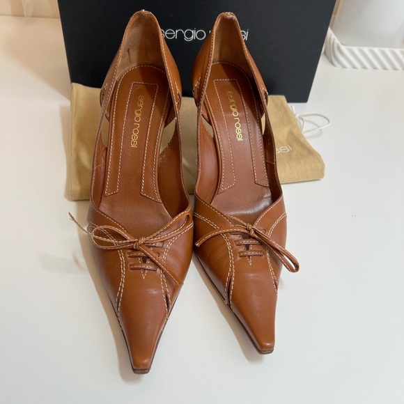 Sergio Rossi Tan Leather Pointed Toe High Wooden Stiletto Heels - Picture 12 of 15